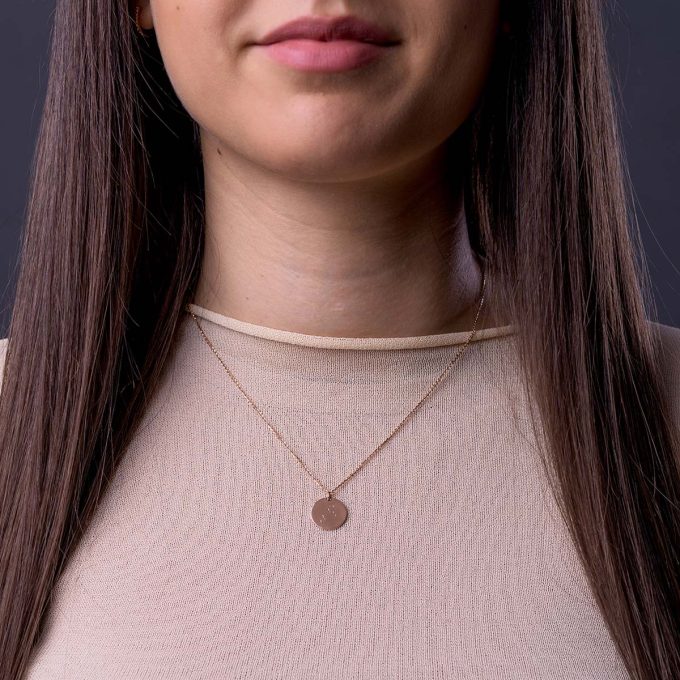 Zodiac_disc_necklace_cable_chain_on_model